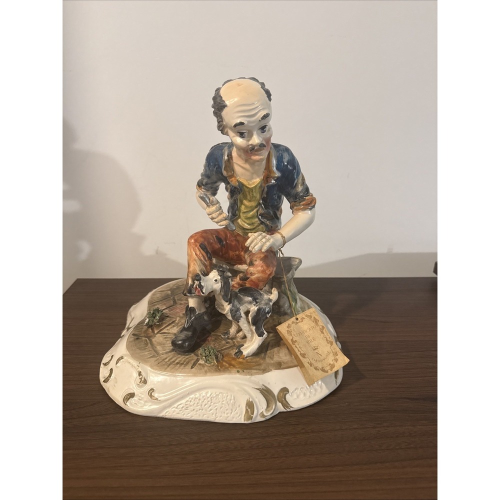 Vintage Capodimonte Sebastiano 10" Porcelain Man With Dog Figurine Italy RARE